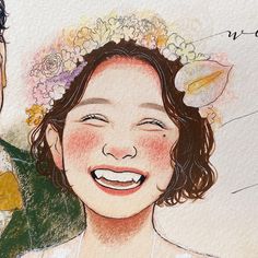 a drawing of a man and woman with flowers in their hair, smiling at the camera