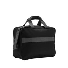 a black bag with grey straps on the front and side, sitting against a white background