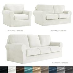 white couches with different colors and sizes to choose from, including the one on the left