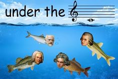 four fish swimming in the water with music notes above them and under the water's surface