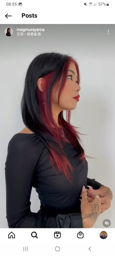 Balayage Fun Colors, Ginger Hair With Red Streaks, Red Money Piece And Underneath Hair, Black With Red Money Piece Hair, Red Undercut Hair, Narcissa Malfoy Hair Red, Red Hair With Black Money Piece, Multiple Hair Color Ideas, Burgundy Underneath Hair