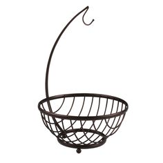 a metal basket with a hook hanging from it's side on a white background