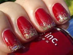 base in Nails Inc deep, red Tate, and Claire's Gold Holographic Glitter Topcoat on the tips Nail Art Noel, Nailed It, Christmas Nail Designs, Christmas Nail Art, Fancy Nails, Love Nails, Holiday Nails, Ombre Nails, Winter Nails