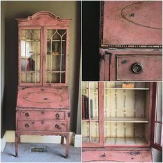 an old pink china cabinet with glass doors and drawers in different stages of being painted