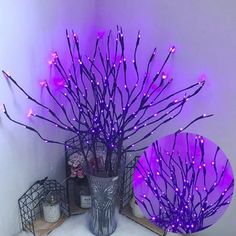 there are 7 branches in pictures above the vase with purple lights on it, and one tree has no leaves