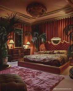 the bedroom is decorated in red, gold and pink tones with palm trees on either side of the bed