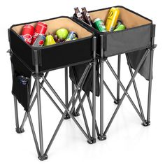 two folding tables with drinks and snacks in them