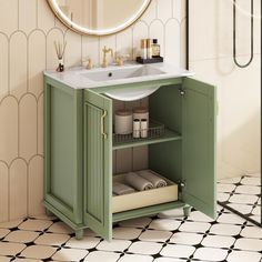 a bathroom with a sink and green cabinet