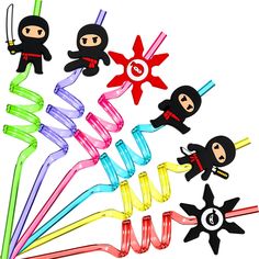 six different colored plastic toys with ninjas and swords in the shape of letters g