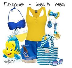 a yellow tank top and blue shorts are featured in this fashion ad for beach wear