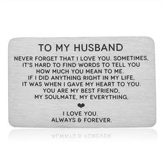 a metal plaque with the words to my husband on it