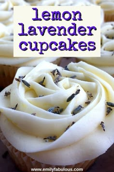 lemon lavender cupcakes with white frosting and lavender sprinkles