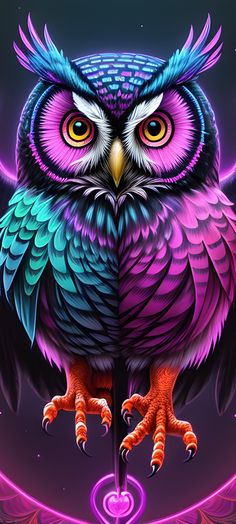 an owl sitting on top of a purple and blue object in front of a dark background