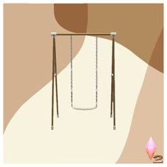 a swing set with two swings in front of a brown and beige background, one is empty