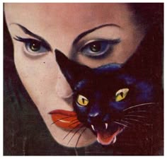 a painting of a woman with blue eyes holding a black cat