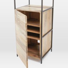 a wooden cabinet with metal frame and shelves