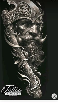 a black and white drawing of a viking