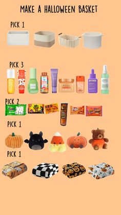 the contents of a halloween basket are arranged on an orange background with text that reads make a halloween basket pick 1 pick 2 pick 1 pick 1