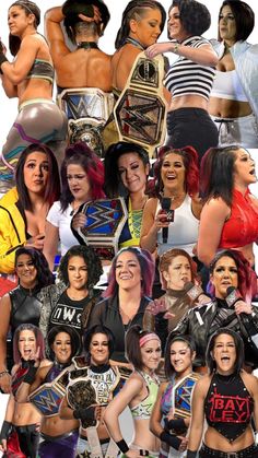 many different pictures of women in wrestling gear and one is holding a microphone, the other has