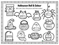 halloween roll and color worksheet for kids to practice numbers 1 - 10 with pictures