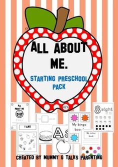 an apple with the words all about me starting preschool pack written in red and white