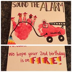 two handprinted cards with children's drawings on them and the words sound the alarm