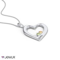 Cradled in love, this unique pendant features an engravable hearts cradling two sparkling gemstones. Personalize yours with a meaningful name and your choice of a genuine or simulated birthstones to represent you and your loved one. Your pendant will be handcrafted in sterling silver or gold and includes and a matching chain in your choice of lengths. Personalized Heart Pendant Birthstone Necklace As A Gift, Keepsake Heart Cut Birthstone Jewelry, Heart Cut Birthstone Jewelry For Keepsake, White Gold Heart Necklace With Birthstone As Gift, Personalized Heart Pendant Birthstone Necklace For Anniversary, Sterling Silver Heart Cut Birthstone Necklace For Valentine's Day, Personalized Heart Birthstone Necklace For Anniversary, Anniversary Birthstone Necklace With Heart Charm For May, Personalized White Gold Birthstone Necklace For Mother's Day