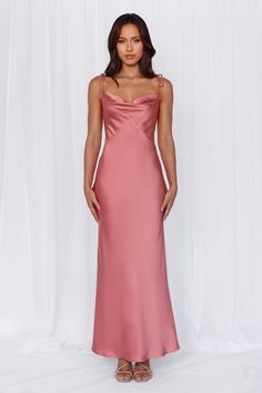 Length from top of bust to hem of size S: 134cm. 
 Chest: 38cm, Waist: 34cm, across front only of size S. 
 Maxi dress. 
 Lined. 
 Model is a standard XS and is wearing size XS. 
 True to size. 
 Non-stretch. 
 Luxurious satin. 
 Cowl neckline. 
 Tie-up shoulder straps. 
 Elastic back. 
 Vent extension. 
 Straight, flowy silhouette. 
 Zipper with hook eye closure.  
 Cold hand wash only. 
 Polyester. 
 This material is very delicate. Please handle with care. 
 Please Note: This product is a Excl Pink Satin Dress, Mesh Maxi Dress, Long Bodycon Dress, Maxi Dress Wedding, Satin Maxi, Cowl Neckline, Satin Maxi Dress, White Midi Dress, Flowy Dress