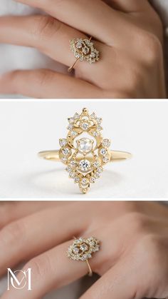 two different views of a woman's engagement ring