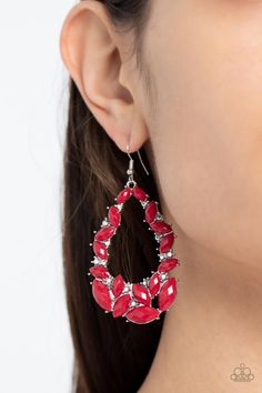 Featuring pronged silver fittings, a glimmering collection of faceted Fire Whirl marquise beads coalesce into a glamorous teardrop. Faceted silver accents are sprinkled through the design, adding a spritz of metallic shimmer. Earring attaches to a standard fishhook fitting. Sold as one pair of earrings. Affordable Red Faceted Bead Earrings, Fire Whirl, Red Elegant Nickel-free Teardrop Earrings, Elegant Nickel-free Red Chandelier Earrings, Red Bead Earrings, Bohemian Red Nickel-free Chandelier Earrings, Red Bohemian Nickel-free Chandelier Earrings, Silver Frames, Stacked Bangles