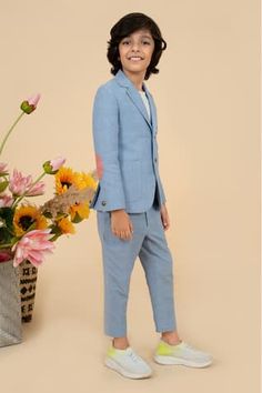 Sky blue blazer with placed embroidered anchor pattern and patch pockets. Comes with pant. - Aza Fashions Spring Blue Blazer With Patch Pockets, Casual Tailored Sets With Pockets, Tailored Blue Cotton Blazer, Tailored Spring Cotton Suits, Summer Cotton Blazer In Blue, Summer Cotton Blue Blazer, Summer Blue Cotton Blazer, Spring Notch Lapel Suit With Patch Pockets, Tailored Cotton Sets For Work