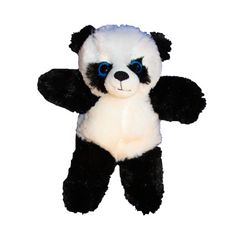 a black and white stuffed panda bear with blue eyes