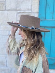 Ladies Felt Cowgirl Hat Tellus Bead Band Telescope Crown Shape Rolled Edge Brim Brown Green/Blue/White Beaded Band Felt Cowgirl Hat, Resistol Hats, Marble Falls, Ladies Hat, Handmade Boot, Cowgirl Hat, Cowgirl Hats, Pink Lemonade, Felt Hat