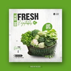 a poster for fresh vegetables is displayed on a green background with an image of cabbage, lettuce and broccoli