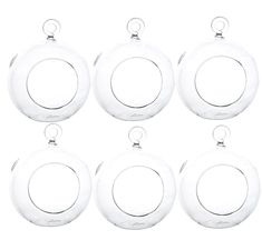 six clear glass ornaments hanging on a white background with clippings for each ornament