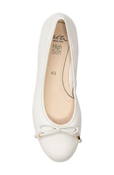 A slim bow tops the toe of an elegant ballet flat grounded by a barely there heel. Imitation-pearl size: 7.5–8mm Cushioned footbed with arch support Leather upper and lining/synthetic sole Imported Women's Shoes Elegant Synthetic Ballet Flats For Spring, Elegant Fitted Ballet Flats With Removable Insole, Elegant Ballet Flats With Arch Support, Fitted White Ballet Flats, Elegant White Round Toe Ballet Flats, Elegant Formal Flats With Arch Support, Feminine Formal Ballet Flats, Elegant White Ballet Flats, Formal White Ballet Flats With Removable Insole