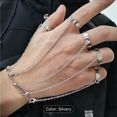 Nwt 1pc Fashionable Mittens Bracelet Set, Black Silvery Suitable For Men's Daily Party Wear Emo Mode, Emo Jewelry, Hand Harness, Hip Hop Chains, Bracelet Viking, Ring Bracelet Chain, Wrist Bracelet, Party Kleidung, Cross Chain