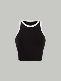 Preto Casual Collar  Tecido de malha Simples Colete Embellished Elasticidade Baixa Black And White Tank Top, Cropped Tank Top Outfit, Black And White Top, Outfit Png, Black Crop Top Tank, Tank Top Outfits, Women Tank Tops, Black And White Tops, Crop Tank Top