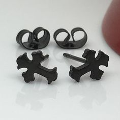 Ecclesiastical black steel cross stud earrings, men's stud earrings, cross stud earrings, black stai Black Surgical Steel Earrings For Gift, Black Gothic Stainless Steel Earrings, Black Surgical Steel Pierced Earrings, Black Cross-shaped Earrings For Gift, Black Cross Earrings For Pierced Ears, Black Cross Earrings As Gift, Black Cross Earrings For Gift, Black Gothic Cross Earrings, Upper Ear Piercing