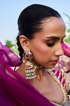 Gold plated jhumka earrings with multi-colored navratan and pearls embellishments. - Aza Fashions Multicolor Kundan Jhumkas With Cutdana, Multicolor Chandbali Jhumkas With Cutdana, Navratri Multicolor Jhumkas With Cutdana, Multicolor Temple Jewelry Bridal Earrings For Festive, Multicolor Temple Jewelry Bridal Earrings For Festive Occasions, Festive Multicolor Temple Jewelry Bridal Earrings, Fusion Style Kundan Jhumkas With Gota Work, Fusion Kundan Jhumkas With Gota Work, Multicolor Chandbali Jhumkas With Tilla