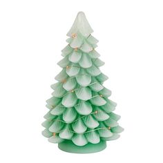 a small green christmas tree with lights on it's top and the base is made out of plastic