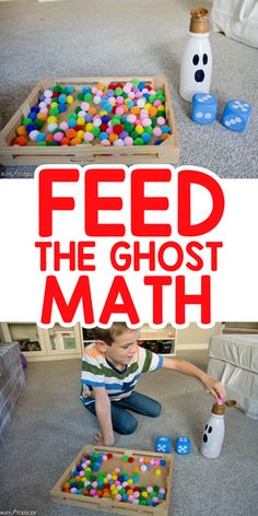 a kid playing with toys in the floor and feed the ghost math game on the floor