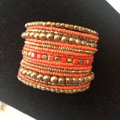 Stephan & Co Beaded Orange/Gold Cuff Bracelet Nwt Bohemian Orange Beaded Bracelets For Party, Orange Beaded Bracelets For Party, Adjustable Orange Cuff Bracelet, Orange Beaded Bangle Jewelry, Orange Beaded Bangle Bracelet, Orange Bangle Bracelets For Party, Beaded Orange, Crystal Cuff Bracelet, Gold Cuff Bracelet