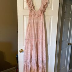 Loveshack Fancy Maxi-Dress. Side Zip, Size 4, 58” Long. Pale Pink With White/Ivory Flowers - A Touch Of Taupe As An Outline. Ties In The Back. Fancy Maxi, Fancy Maxi Dress, Loveshack Fancy, Ivory Flowers, Pale Pink, Side Zip, Colorful Dresses, Size 4, Maxi Dress