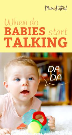 a baby laying on top of a white carpet next to a book cover with the words, when do babies start talking