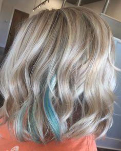 Blonde Highlights With Blue Peekaboo, Blonde Hair With A Peekaboo Color, Blonde With Peak A Boo Color, Small Peekaboo Hair Color, Blonde With Blue Peekaboo, Peekaboo Hair Color For Blondes, Short Blonde Hair With Blue Highlights, Blonde Hair With Pops Of Color