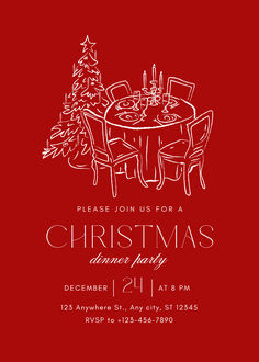 a red christmas dinner party card with a table and chairs in front of a tree