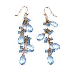 Yellow Gold Blue Topaz Earrings, Blue Topaz Briolette Earrings, Gold Drop Earrings With Blue Topaz, Gold Teardrop Blue Topaz Earrings, Cluster Earrings, Blue Topaz, Topaz, Yellow Gold, Chain