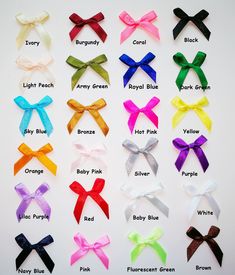 many different colors of bows are shown in this image, with the names below them