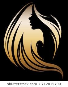 a woman's face with long hair in gold and black